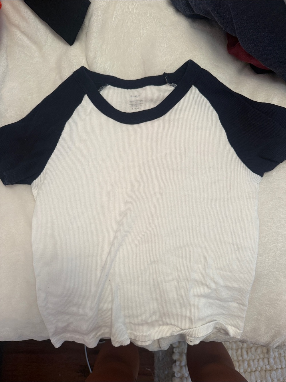 Brandy Melville White Ribbed Crop Top with Navy Raglan Sleeves